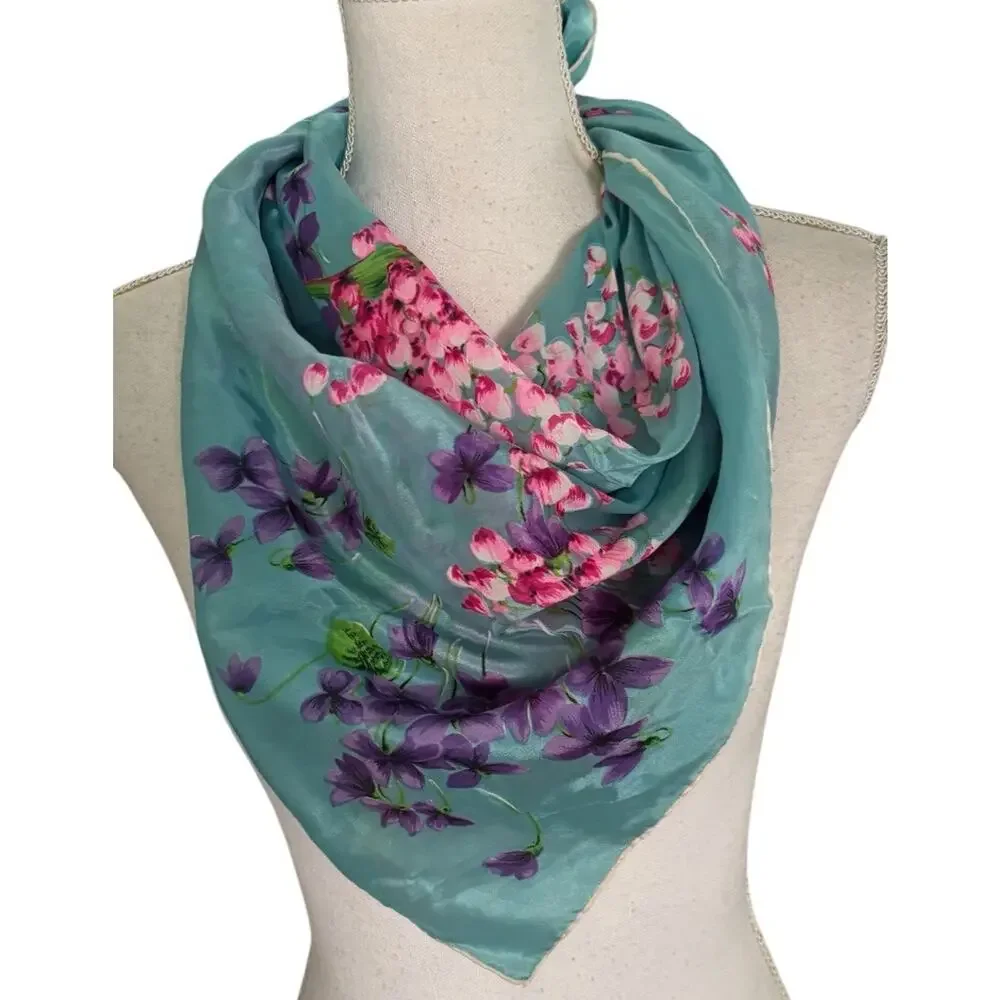 Glentex Silk Scarf Square blue with Purple Pink Floral Japan 30x30 vintage